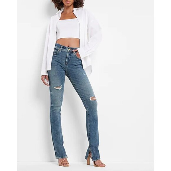 Express Mid Rise Medium Wash Ripped Skyscraper Jeans 14P - Picture 4 of 7